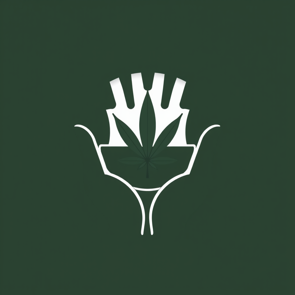 Simple Icon Idea: A streamlined icon with two abstract, symmetrical hand shapes forming a protective cup around a simplified, bold cannabis leaf at the center. Designed to be clear and recognizable even at small sizes, potentially in a single color or two-tone.
