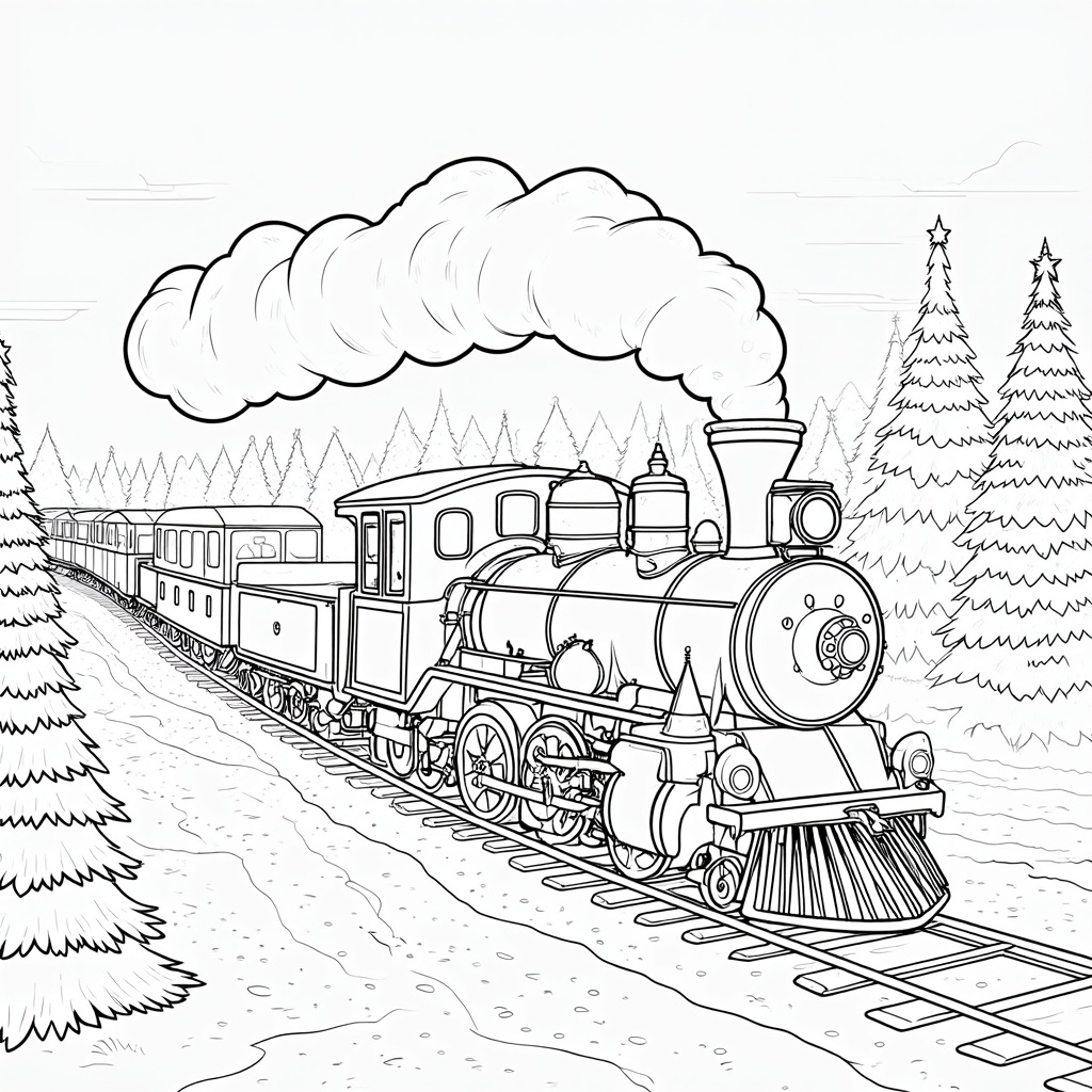 The image shows a train on a railway track surrounded by trees, with smoke billowing out of its engine. The train is sketched in black and white, giving it a classic and timeless look.