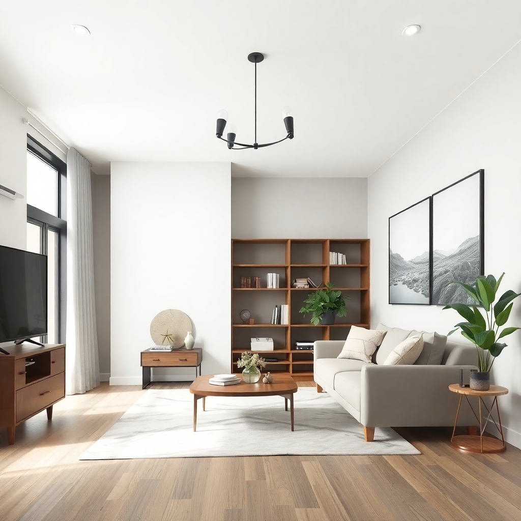  a modern living room with a minimalist design. The room has a large window on the left side, allowing natural light to enter the space. The walls are painted white and the floor is made of light-colored wood. On the right side of the room, there is a wooden bookshelf with several books and decorative items on it. In front of the sofa, there are two wooden side tables with a vase of flowers and a plant on top. A flat-screen TV is mounted on a wooden cabinet next to the TV. A black chandelier hangs from the ceiling, adding a touch of elegance to the room. The floor is covered with a white area rug, creating a cozy and inviting atmosphere.