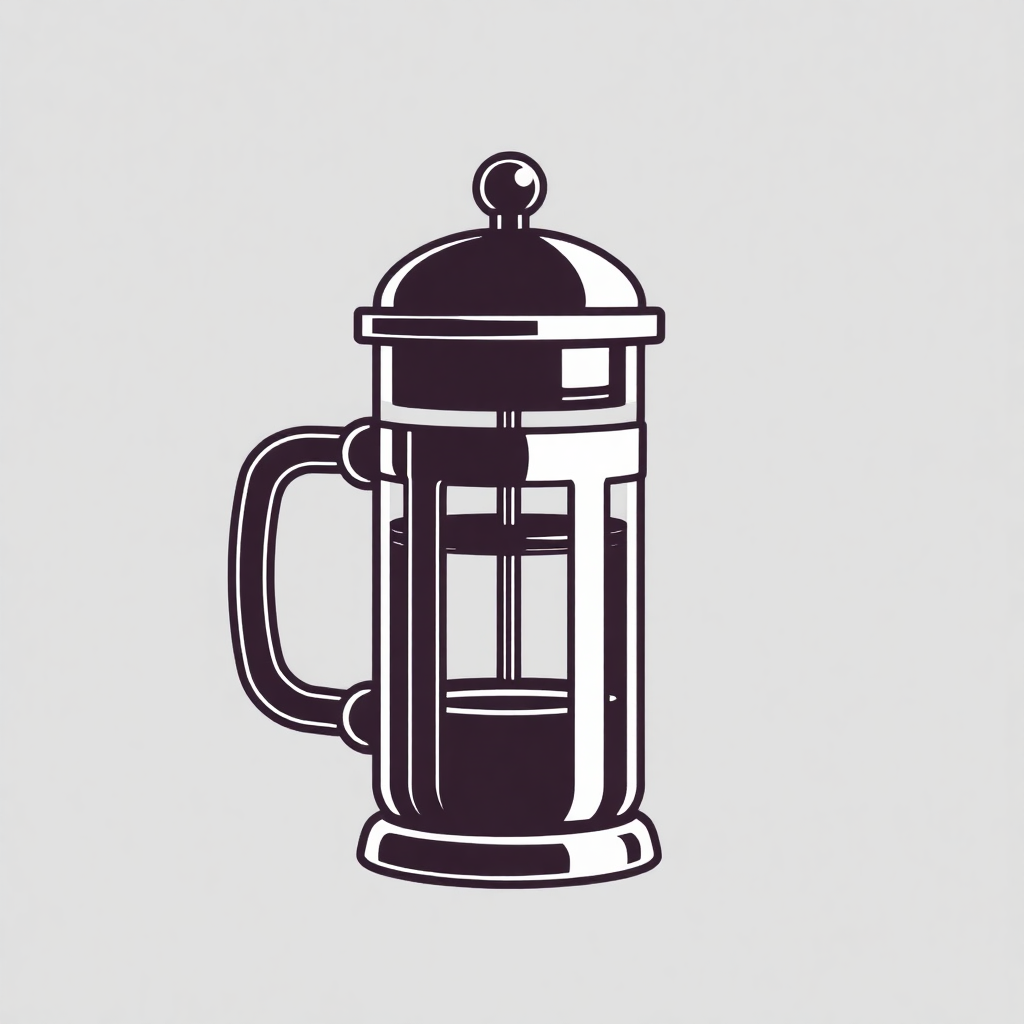 The image is a black and white illustration of a French press coffee maker. The French press is made of glass and has a cylindrical shape with a handle on one side and a spout on the other. It has a lid with a small knob on top, which is likely used to open and close the lid. The body of the French press has a glass window on the front, which allows the user to see the contents inside. The handle is curved and appears to be made of metal. The background is plain white.