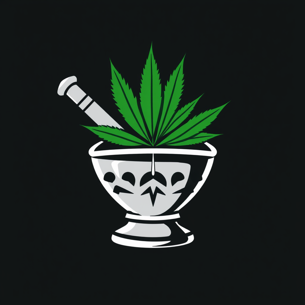 Translated User Request (Original English): Medical Marijuana Icon Logos - Stylized Mortar and Pestle with Leaf