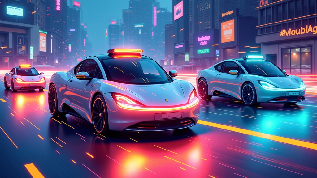 Dynamic illustration of robotaxis communicating directly with each other (vehicle-to-vehicle or V2V), forming a mesh network. Visual cues like glowing data pathways or abstract signals can represent shared information like hazard warnings, traffic updates, or route adjustments.