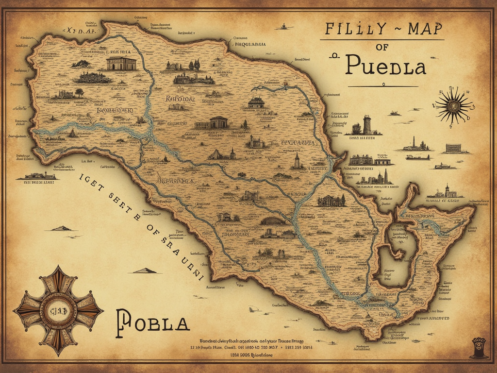 Sub-design 4: Vintage Battle Map of Puebla - A T-shirt design resembling an antique battle map of Puebla, detailing troop positions and key landmarks from the 1862 conflict, with a weathered aesthetic.