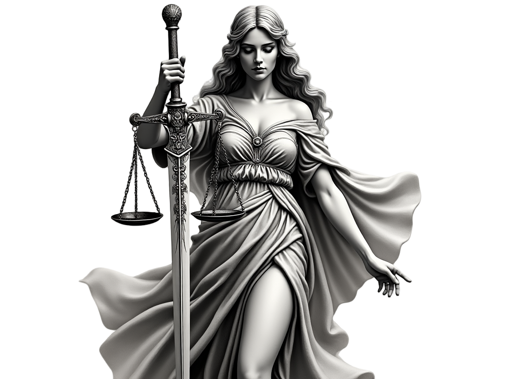 A close-up view of a Lady Justice tattoo beautifully represents her sword with embellishments along the blade.