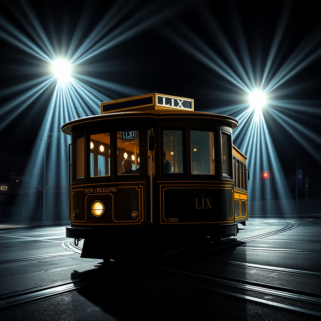 Sub-Design Idea 1: Focal Point Illumination - A detailed New Orleans streetcar is the central element, dramatically lit by converging stadium light beams from above. The Roman numerals 'LIX' are subtly integrated into the light patterns or etched onto a prominent part of the streetcar.