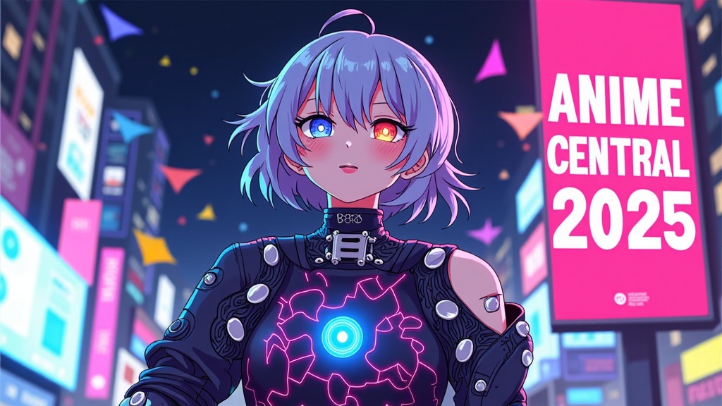 The Augmented Self: An anime-styled character showcasing visible cybernetic enhancements (e.g., glowing eye, robotic arm, neural interface) against a backdrop of a neon-lit, futuristic cityscape. 'Anime Central 2025' could be subtly integrated as a digital billboard or clothing pattern.