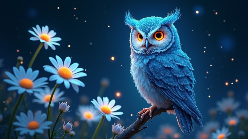 Bioluminescent Night: An ethereal Kinetic Owl with feathers that appear to glow. It's surrounded by or perched on daisies sharing a similar bioluminescent quality, set against a starry night sky background.