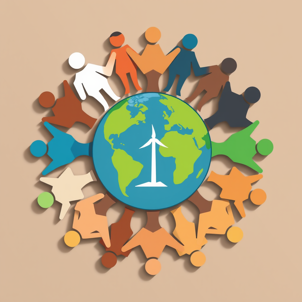 Unified People for Planet Emblem: Diverse abstract human figures holding hands in a circle around a central Earth motif. The Earth incorporates a visible renewable energy symbol (e.g., wind turbine outline, solar panel icon) to highlight climate solutions driven by global unity.