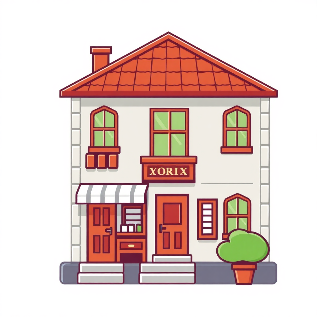 The image is an illustration of a two-story building with a red tiled roof. The building has a white exterior with a small porch and a red door. There are two windows on the front of the building with green shutters and a small window on the second floor. Above the door, there is a sign that reads XORIX in red letters. On the right side of the image, there are two potted plants on the sidewalk. The overall style of the illustration is flat and cartoon-like.