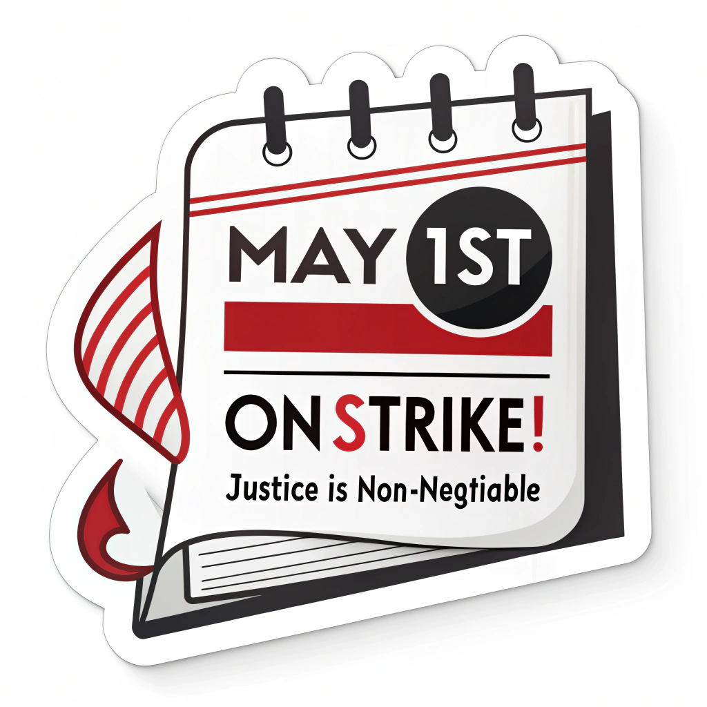 Design 4: A calendar page graphic with 'MAY 1' circled boldly or highlighted. A protest sign element could overlap it, stating a core message. Text: 'MAY 1ST - ON STRIKE! Justice is Non-Negotiable'. Color scheme: Stark black and white with impactful red accents.