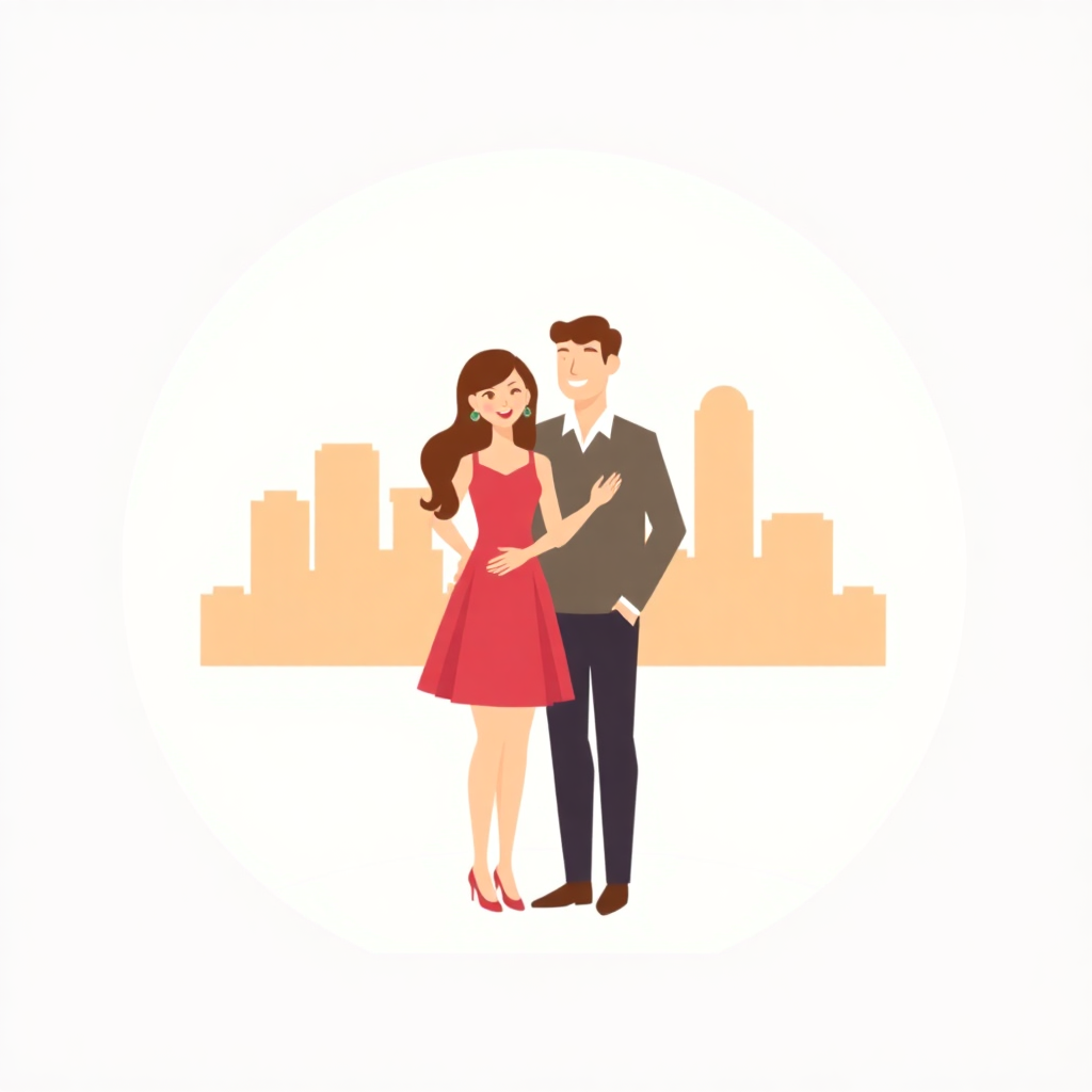 The image shows a man and woman standing in front of a city skyline, with the man wearing a suit and the woman wearing a dress. The buildings in the background are animated, giving the image a lively feel.