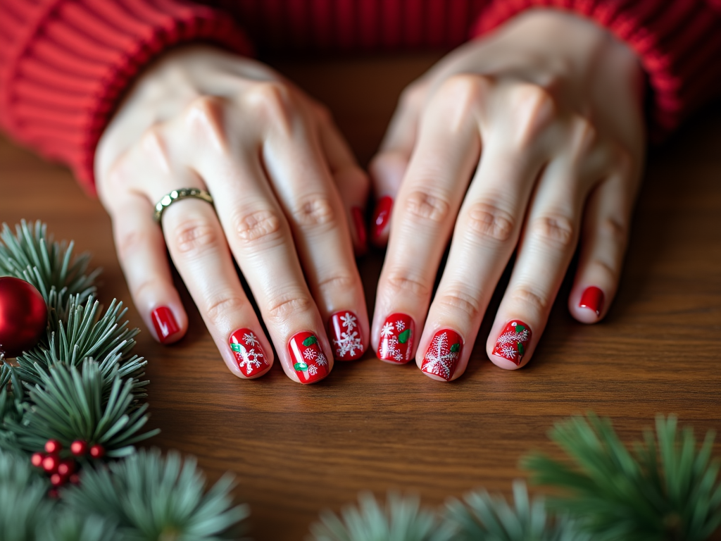  a pair of hands resting on a wooden surface. The hands are painted with red nail polish and have a festive design on them. The design appears to be a snowflake pattern with small white snowflakes scattered throughout. On the left side of the image, there is a small Christmas tree branch with red berries and a red bauble. The background is blurred, but it seems like the hands are resting on top of a pine branch. The overall color scheme is red and green, giving the image a warm and cozy feel.