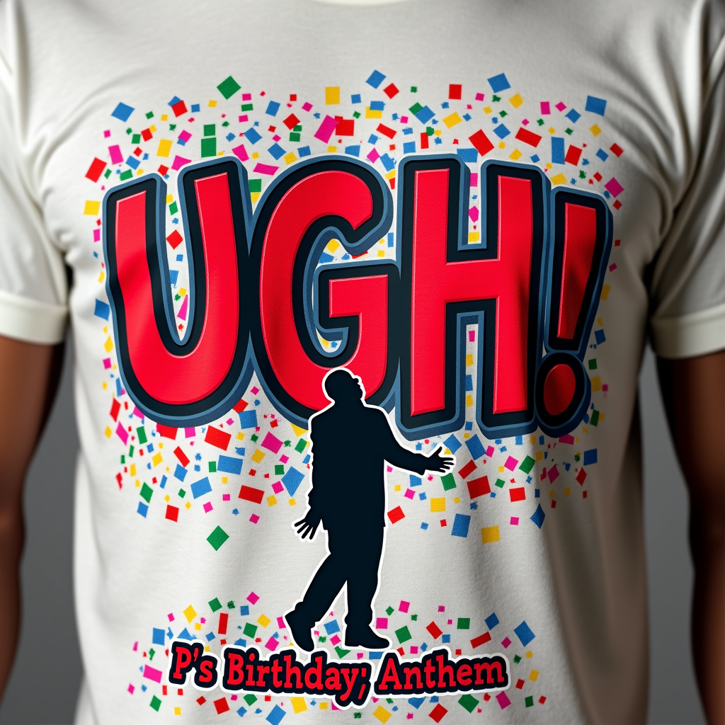 Simple T-Shirt Idea: A bold 'UGH!' graphic central to the design, interspersed with vibrant birthday confetti and a subtle silhouette of Master P in his characteristic pose. The phrase 'P's Birthday Anthem' included as a smaller text element.