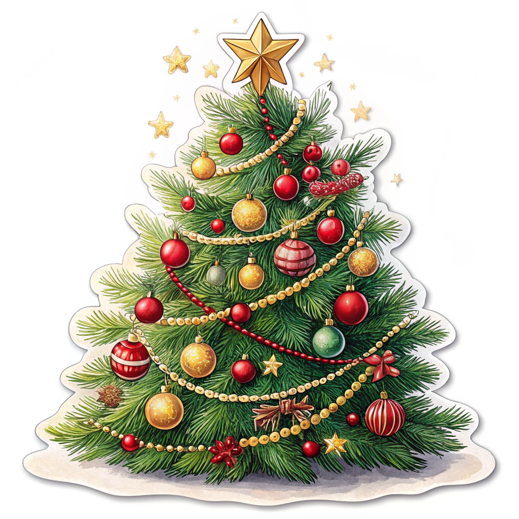 A vibrant illustration of a Christmas tree sticker adorned with colorful ornaments, including red and gold baubles, sparkling tinsel, and a shining star perched atop. The lush green pine needles create a festive backdrop, adding a cheerful holiday spirit.