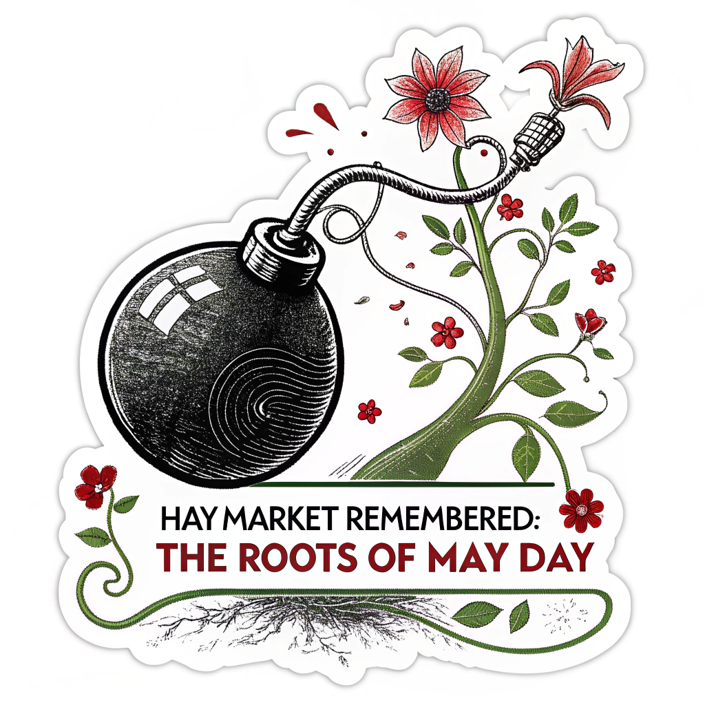 Symbolic Bomb & Sprout Sticker: A stylized, historical round bomb graphic with its fuse depicted as turning into a sprouting plant or flower, symbolizing hope and new beginnings from a dark event. Text: 'Haymarket Remembered: The Roots of May Day'. Palette: Black, red, green.