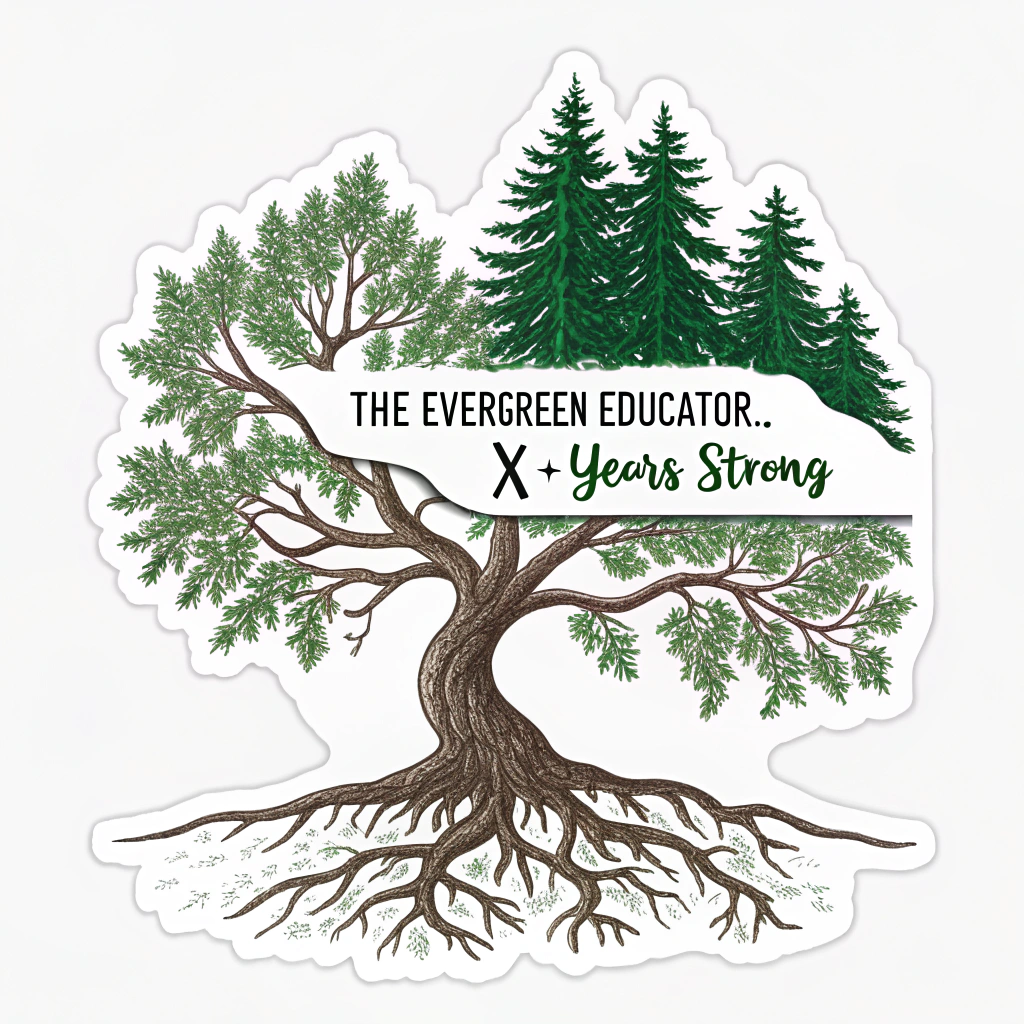 Sticker Design Idea 4: 'The Evergreen Educator: [X] Years Strong' - Showcases a stylized evergreen tree (like a pine or fir) to symbolize resilience and lasting impact, with the tenure clearly stated.