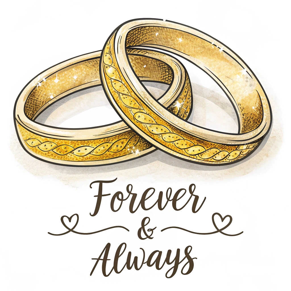 A pair of intertwined rings sticker with the quote 'Forever and Always.'