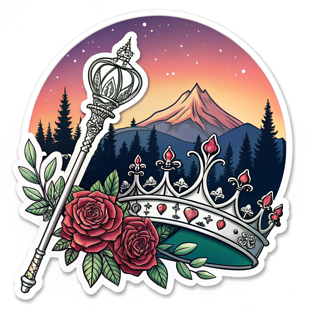 Modern Silhouette: A sleek, stylized silhouette of a rose-adorned crown and scepter against a vibrant gradient background representing a Portland sunset over Mount Hood.