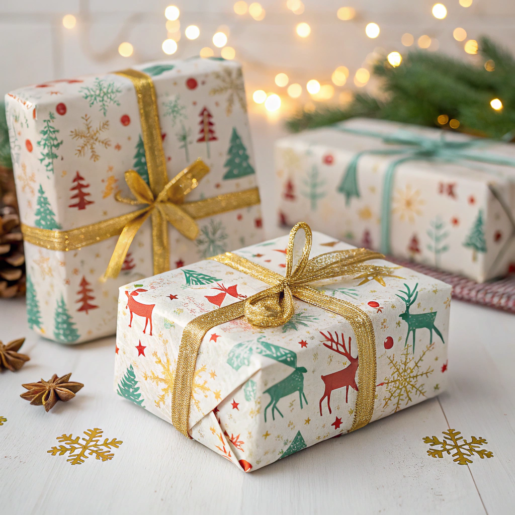 A close-up of a beautifully wrapped gift with colorful Christmas pattern paper, featuring reindeer and snowflakes, tied with a golden ribbon. The background shows blurred twinkling fairy lights.