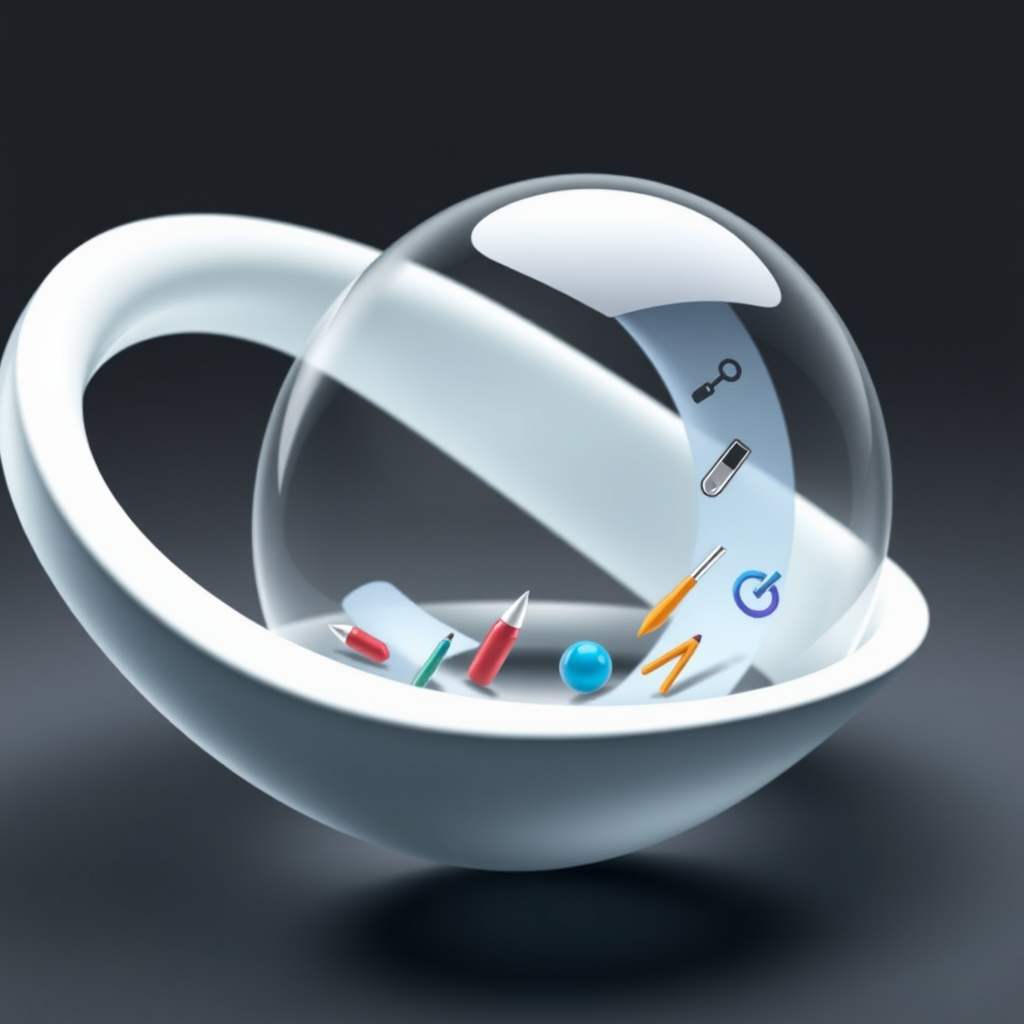 Integrated Artistic Tools on Loop: A sleek Möbius strip or a cross-section of a Klein bottle with miniature, stylized art tool icons (e.g., brush tip, color droplet, pen nib) seamlessly embedded or continuously circulating along its surface, signifying AI's art toolkit.