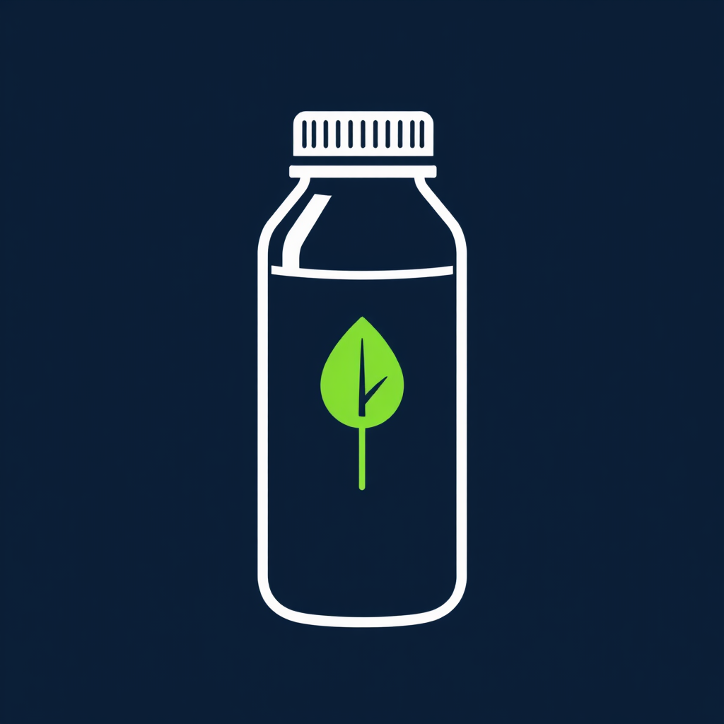 Simple Icon Idea: A clean outline of a reusable water bottle with a single, prominent green leaf emblem on its center, conveying straightforward sustainability and eco-friendly hydration.
