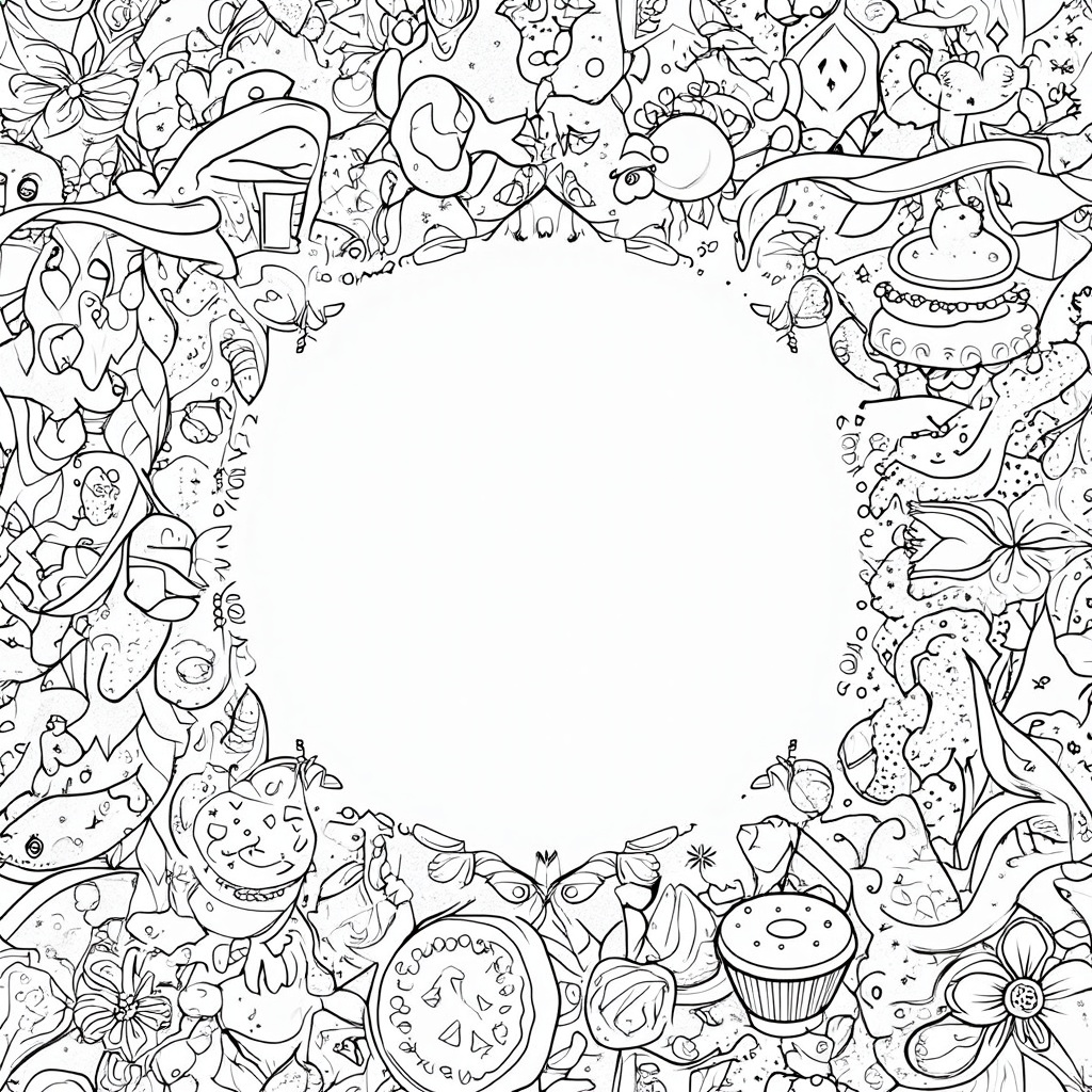 A patterned page filled with various 'sweet delights' like macarons, chocolates, donuts, ice cream cones, and fruit tarts, interspersed with floral elements and celebratory ribbons. This allows for intricate coloring.