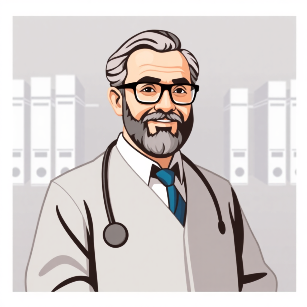 The image is an illustration of a middle-aged man with a beard and glasses. He is wearing a white lab coat and a stethoscope around his neck. He has a serious expression on his face and is standing in front of a background of bookshelves. The man appears to be a doctor or a medical professional.