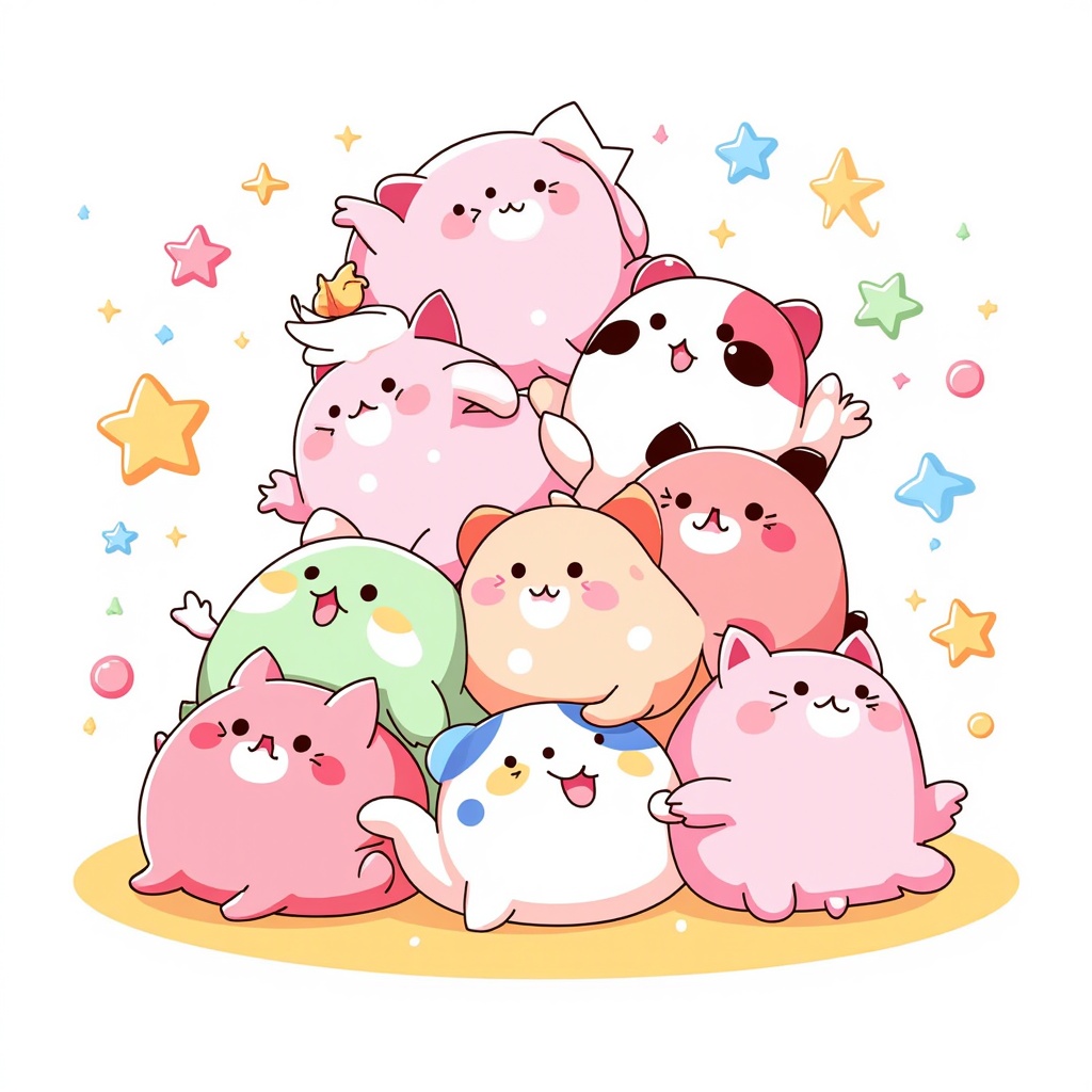 Mascot Mayhem: Feature existing or newly designed Anime Central mascots in extreme chibi style, perhaps in a playful pile-up or interacting in adorably chaotic scenes. The 'overload' could be represented by an abundance of these cute mascots and sparkling, pastel elements.
