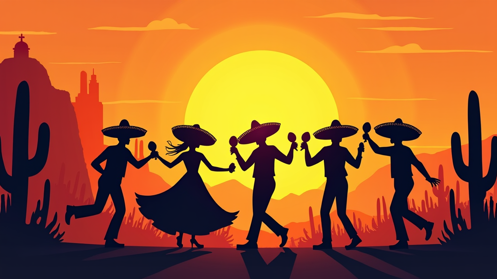 Design Idea 2: 'Rhythmic Silhouettes & Sunset' - A design featuring silhouettes of figures dancing, wearing sombreros, and playing maracas against a warm, gradient sunset background (oranges, reds, yellows). Stylized cacti or Mexican architectural elements could frame the scene. The focus is on movement and the joy of the fiesta spirit.