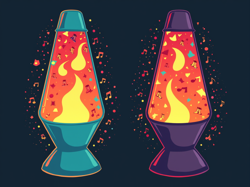 Lava Groove Silhouette: A large, stylized lava lamp silhouette where the 'lava' itself is a repeating pattern of tiny roller skates, music notes, and classic 80s/90s geometric shapes. Colors: warm oranges, yellows, and reds for the 'lava,' contrasted with a cool teal or dark purple for the lamp's base and cap.