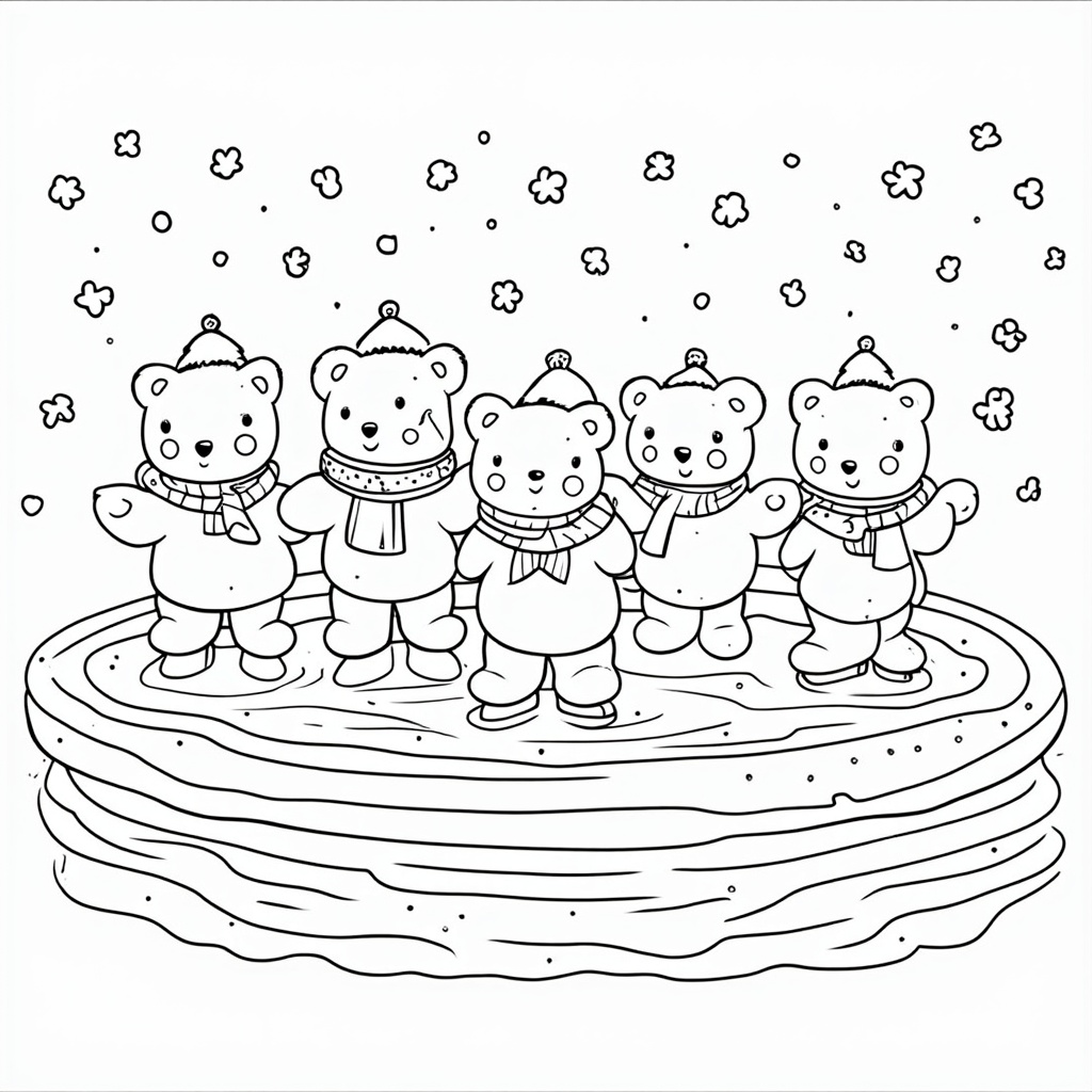 Winter: Gummy bears ice skating on a frozen gummy pond, wearing tiny gummy scarves and hats, with gummy snowflakes falling.