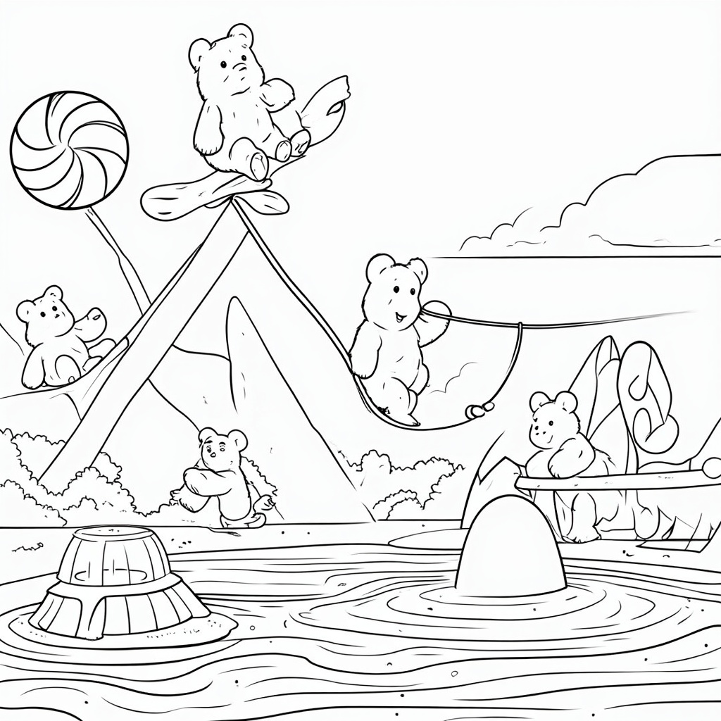 Gummy Obstacle Course Capers: A fun-filled page showing gummy bears navigating a whimsical obstacle course. Include a gummy bear balancing on a rolling peppermint stick, another swinging from a licorice rope over a 'puddle of honey,' and one comically stuck in a giant jello mold.