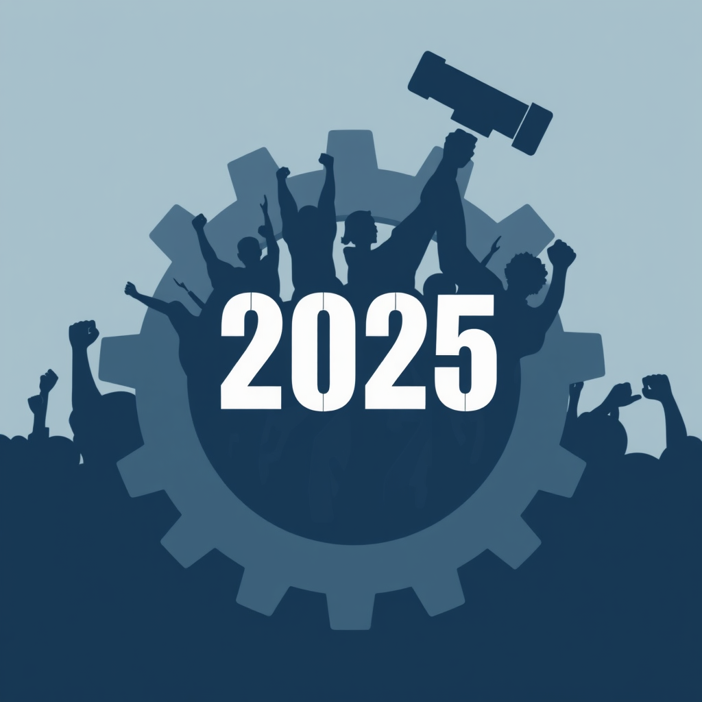 Sub-design 4: Silhouettes of people or raised fists integrated within the gear's design or appearing to wield the hammer, emphasizing collective effort. '2025' is central, supported by the slogan.