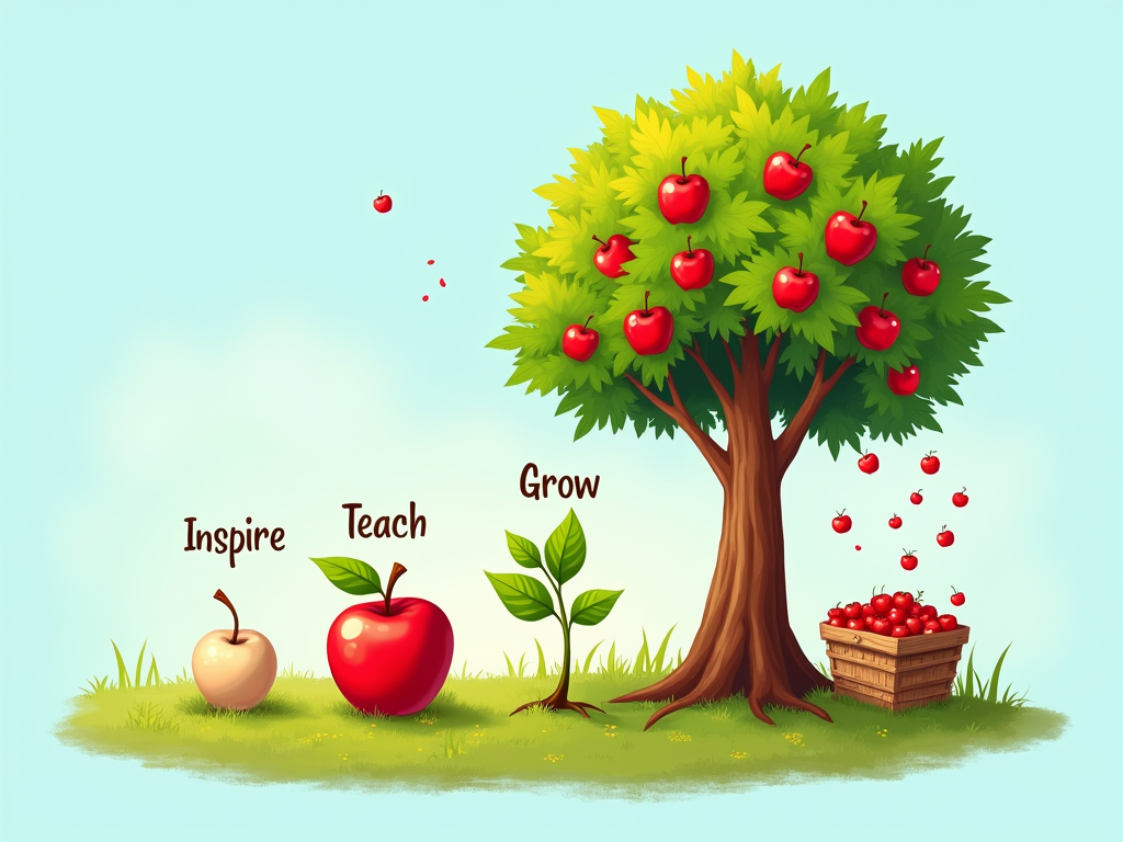 Apple Tree Metaphor: An illustration depicting an apple seed for 'Inspire,' a sapling for 'Teach,' a mature apple tree for 'Grow,' and falling seeds or a harvest basket for 'Repeat.'