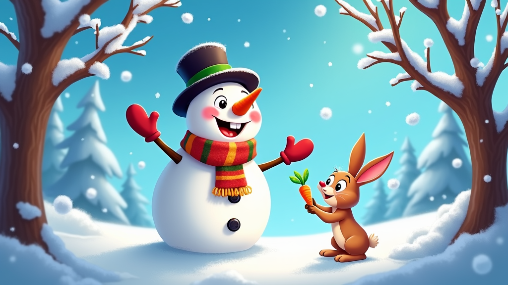 The image shows a snowman and a rabbit standing in the snow. The snowman is wearing a scarf, gloves, and a hat, and is holding a carrot in its hand. The rabbit is standing beside the snowman, and in the background there are trees covered in snow and a clear blue sky.