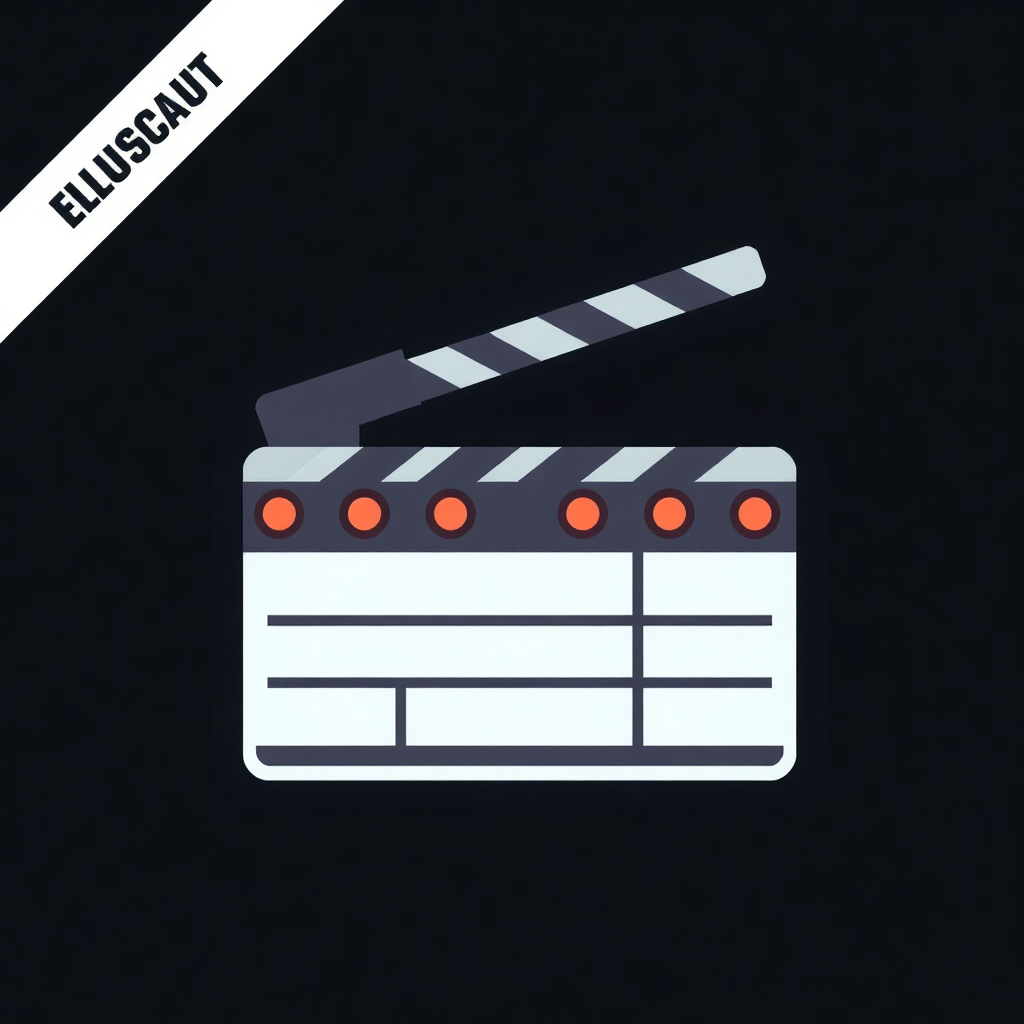 The image shows a movie clapboard icon on a black background with the words 