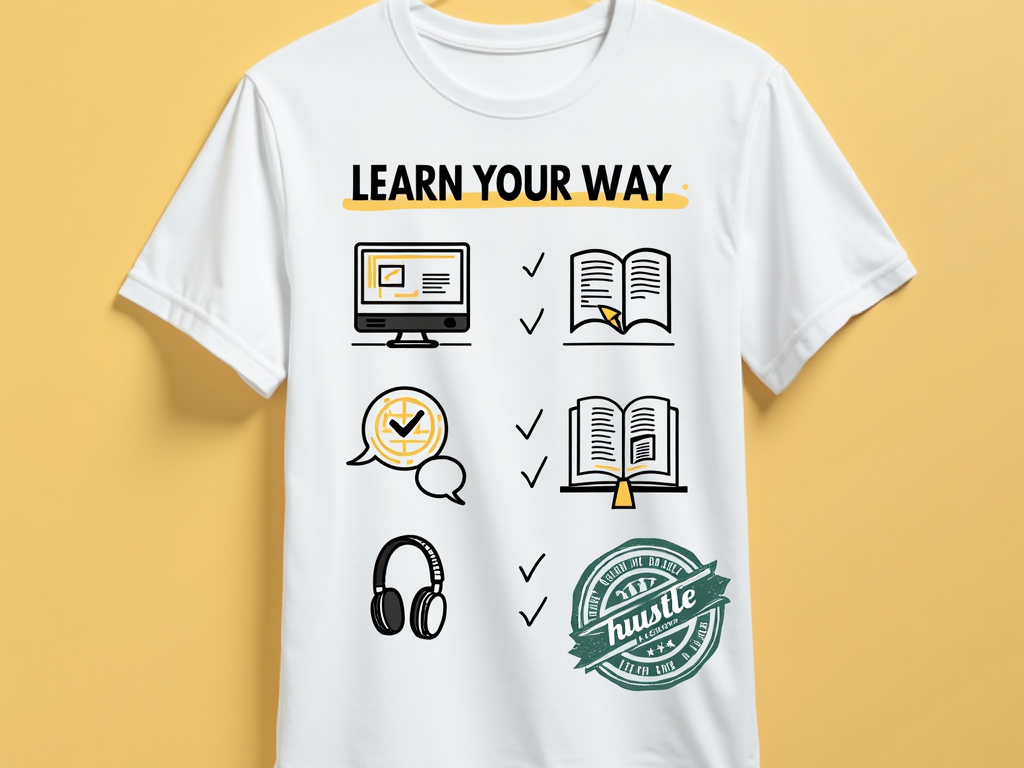 4. 'Customizable Checklist': 'Learn Your Way' is prominent. Below it, a design resembling a checklist with icons for different learning methods (e.g., computer, book, speech bubble for group work, headphones for solo study). 'Hybrid Hustle' acts as a motivational stamp or badge on this 'checklist'.
