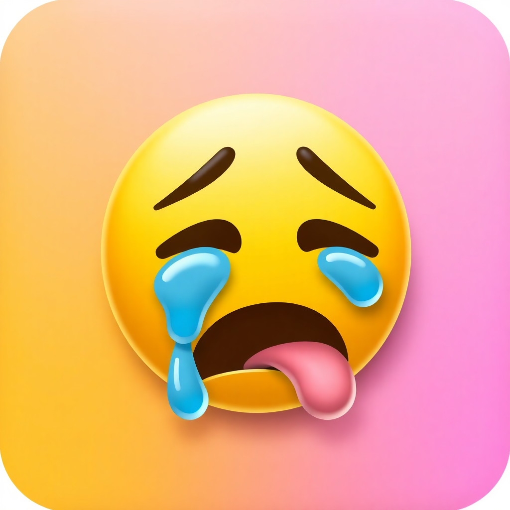 The image shows a yellow and pink emoji with tears streaming down its face, set against a white background.