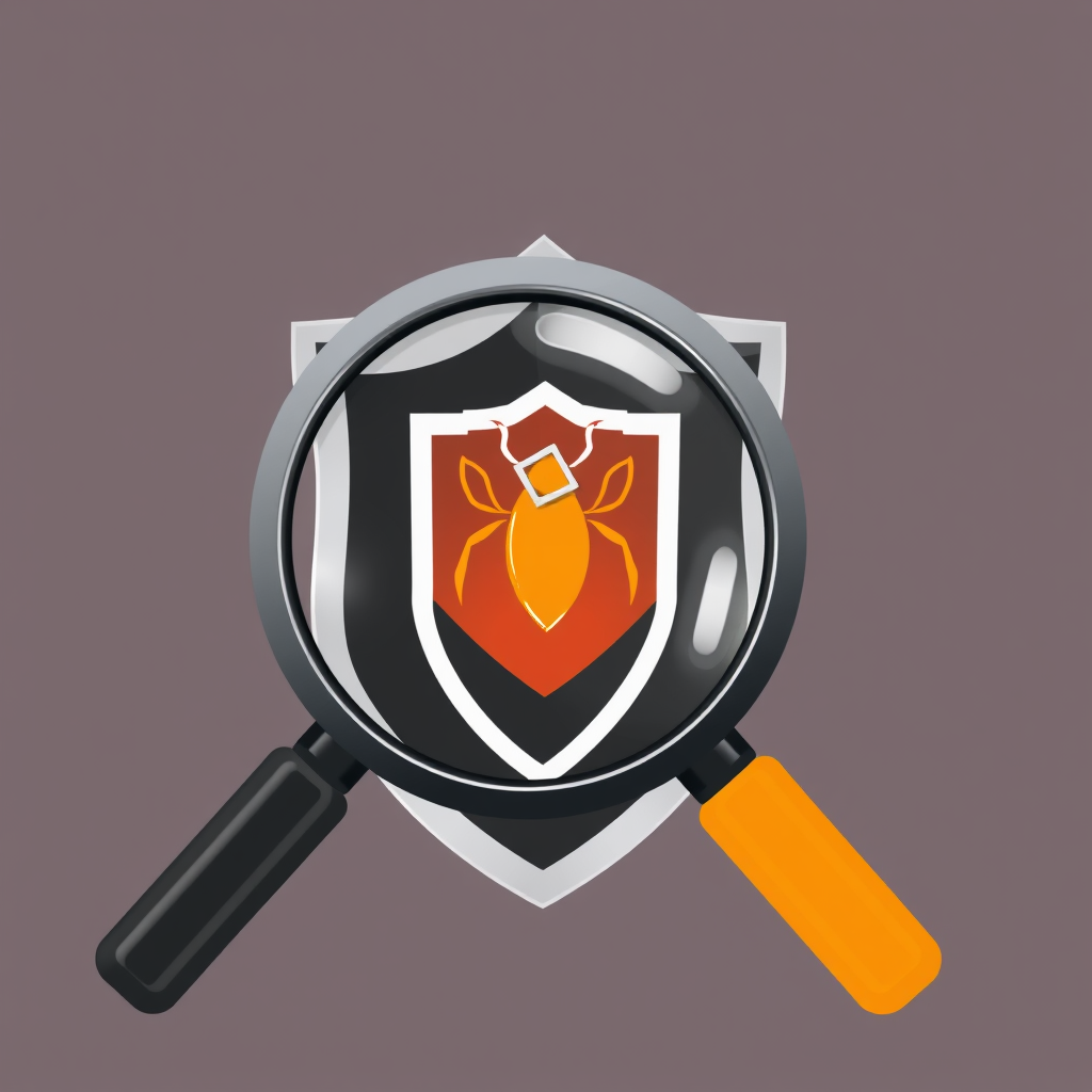 Sub-design Idea 1: Magnifying glass positioned over a shield icon. The portion of the shield visible through the lens is magnified and clearly shows a vulnerability symbol like a crack or a bug.