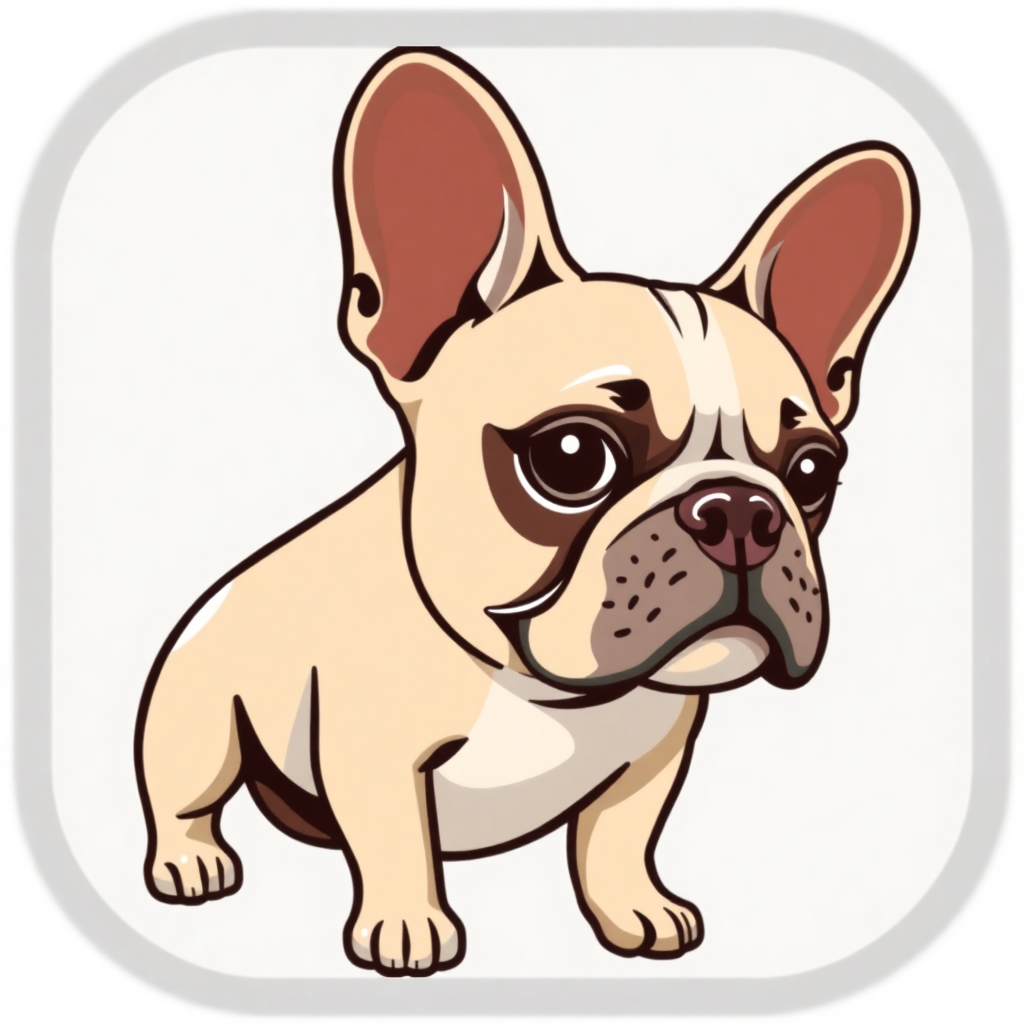 The image is a digital illustration of a French Bulldog. The dog is standing on all fours and is facing towards the right side of the image. It has a round head with large, pointed ears and a small nose. Its body is light brown with darker brown patches on its face and chest. Its eyes are dark and round, and its mouth is slightly open, as if it is looking directly at the viewer. The background is white, and the dog is outlined in black.