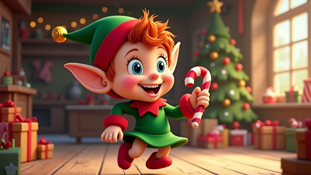 The image is a 3D rendering of a cartoon Christmas elf in a room with a Christmas tree in the background. The elf is wearing a green dress with a red collar and a red hat with a gold pom-pom on top. He has orange hair and is holding a candy cane in his right hand. He is running on a wooden floor with a big smile on his face. There are several gift boxes scattered around the room and a window on the right side of the image. The room appears to be decorated for the holiday season.