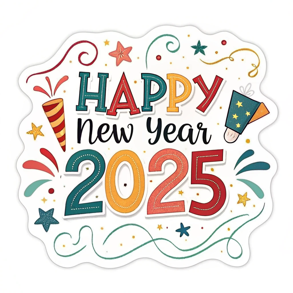 The image shows a white background with a Happy New Year 2025 cutout in the center. The cutout is decorated with colorful text and numbers, creating a festive and celebratory atmosphere.