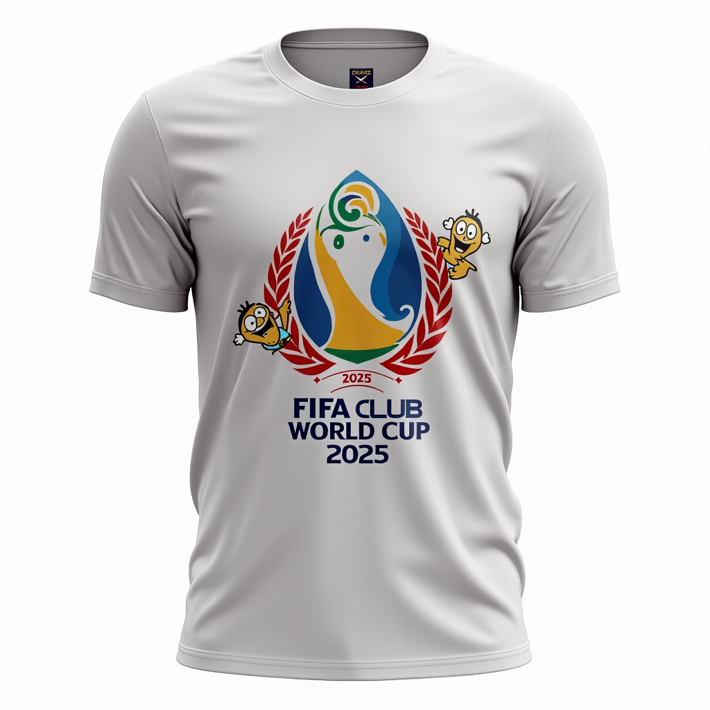 T-Shirt Design Idea 2 (Emblem Central): A design where the FIFA Club World Cup 2025 emblem is the main, bold graphic on the T-shirt front. The mascot could be shown interacting with the emblem, such as peeking from behind it or pointing towards it.