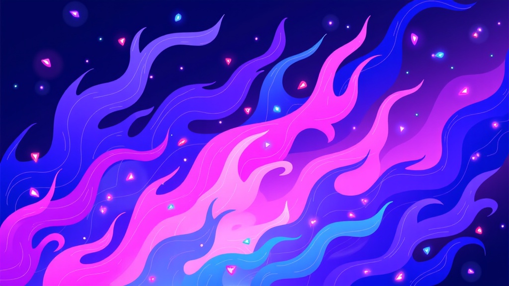 The image is an abstract digital illustration with a dark blue background. The background is filled with pink and purple wavy lines that form a wave-like pattern. The lines are arranged in a way that creates a sense of movement and energy. There are small pink and blue triangles scattered throughout the image, adding a pop of color to the otherwise monochromatic design. The overall effect is one of energy and movement.