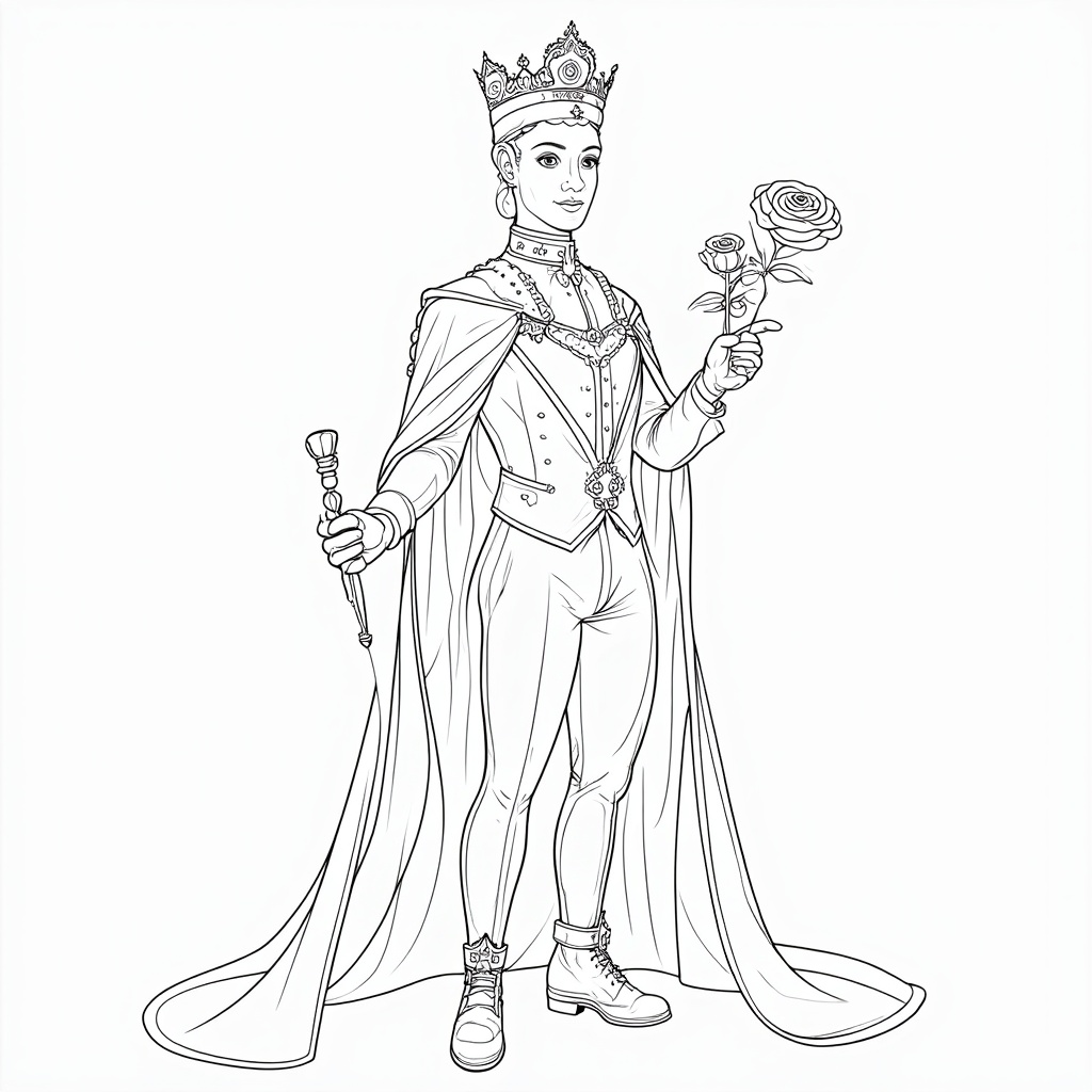A detailed illustration of a single Royal Rosarian, focusing on the textures and patterns of their white suit, hat, and cape, perhaps holding a ceremonial rose or scepter.
