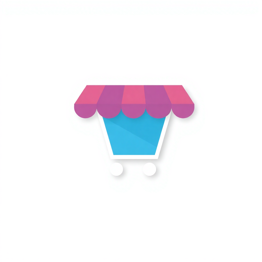 The image is a simple illustration of a shopping cart. The cart is blue in color and has a pink and purple striped awning on top. It has two white wheels at the bottom for easy movement. The background is white. The overall design is simple and minimalistic.