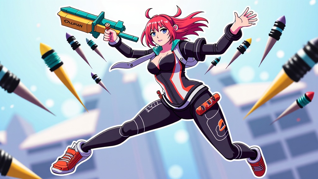 Illustration 3: A high-angle shot of a character executing a complex aerial maneuver or attack, dodging multiple projectiles. Emphasize the sense of height, speed, and agility. The background could be a blurred cityscape or a fantastical battlefield. 'ACEN' could be stylized on the character's weapon or clothing.