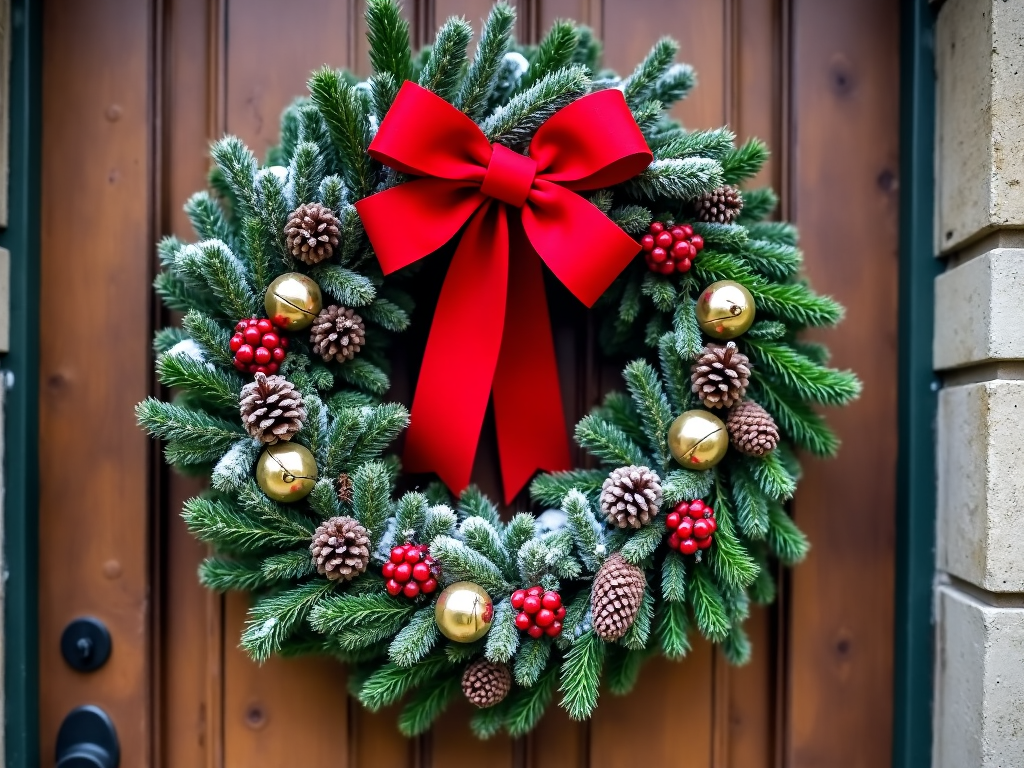 An elaborate Christmas wreath, lush with evergreen branches, adorned with red berries, pinecones, and golden bells, hanging against a rustic wooden door. At the center, a large red bow ties its elements together, and a gentle dusting of snow adds a touch of magic, setting the tone for an inviting holiday entrance.