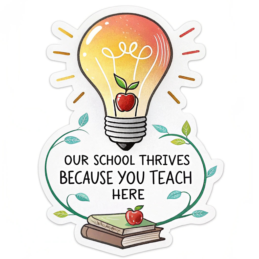 A sticker featuring a stylized, glowing lightbulb to symbolize inspiration and knowledge, possibly with a small school icon (like an apple or book) at its base. The full slogan 'Our School Thrives Because You Teach Here' is arranged clearly around or beneath the lightbulb.