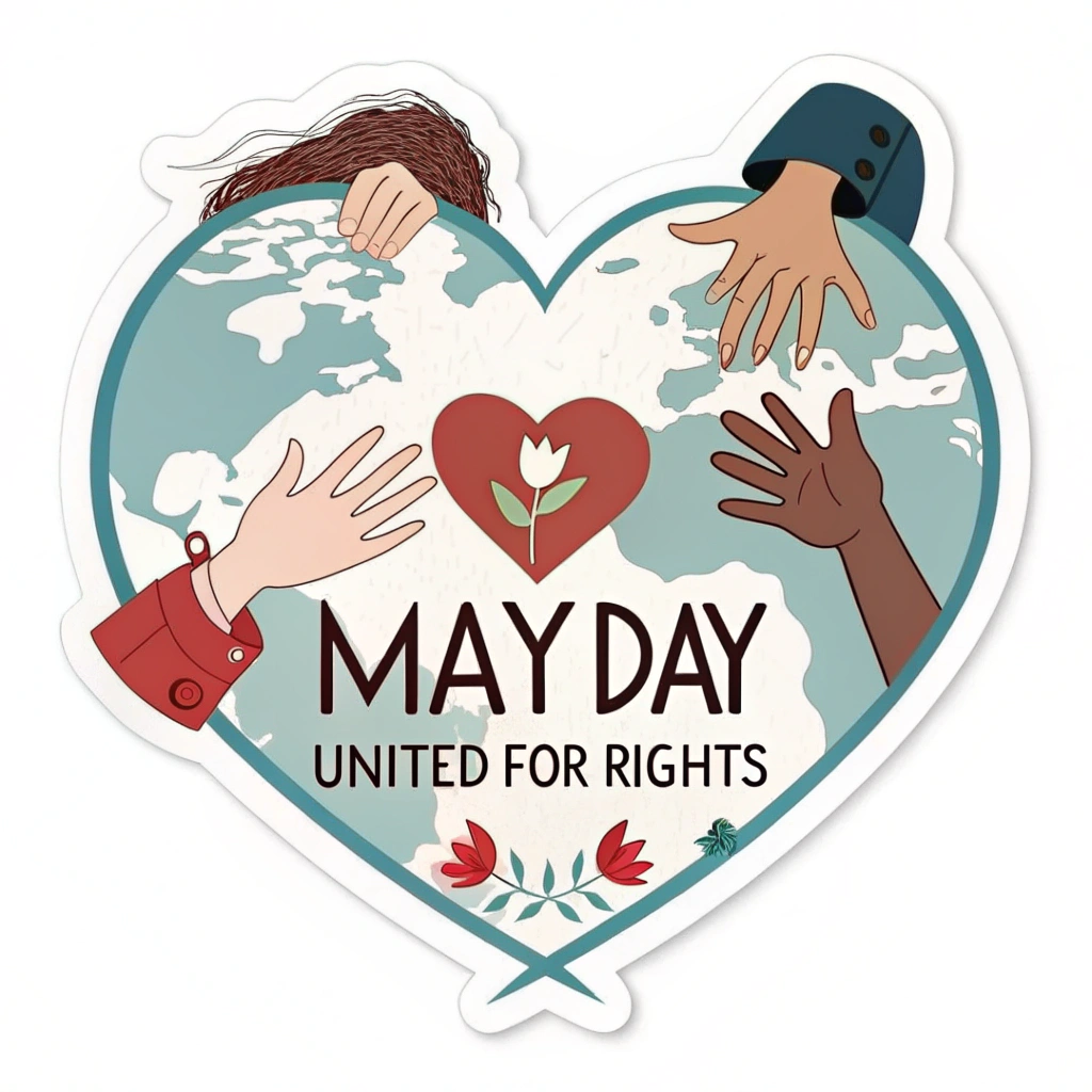 Sub-design 5 (Globe as Heart of Unity): The globe subtly stylized into a heart shape, or with a heart motif integrated, held or surrounded by diverse, simplified hands, emphasizing care, unity, and shared humanity in the struggle. 'May Day - United for Rights' text.
